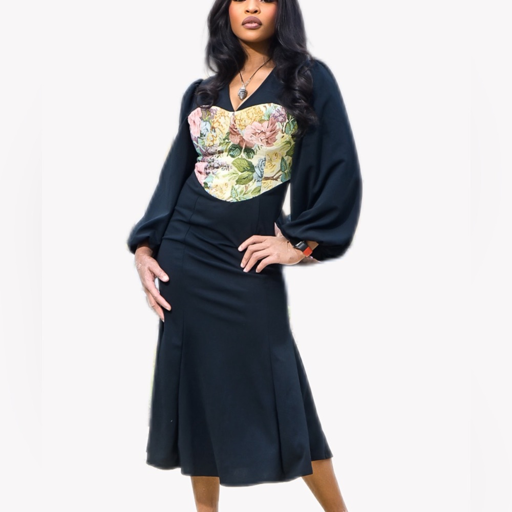 Black dress with vintage pattern detail